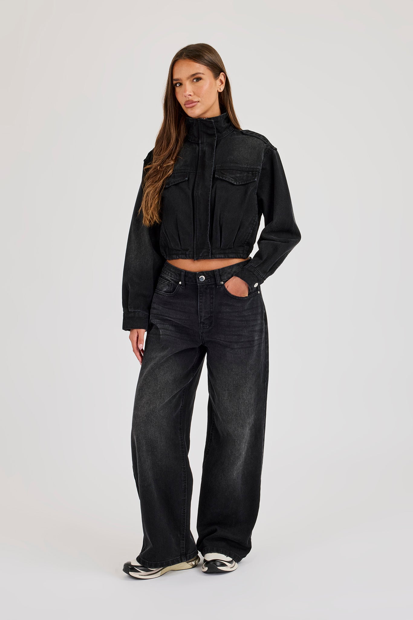 Denim Funnel Neck Jacket & Low Rise Baggy Jean - Washed Black